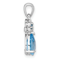 Sterling Silver Rhodium-plated Polished Light Swiss Blue Topaz Teardrop and Flower Pendant