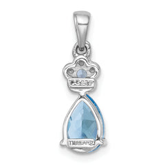 Sterling Silver Rhodium-plated Polished Light Swiss Blue Topaz Teardrop and Flower Pendant