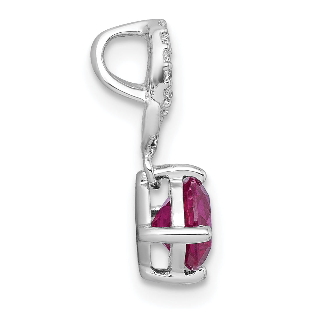 Sterling Silver Rhodium-plated Polished Round Lab Created Ruby and CZ Dangling Heart Chain Slide Pendant Secondary image