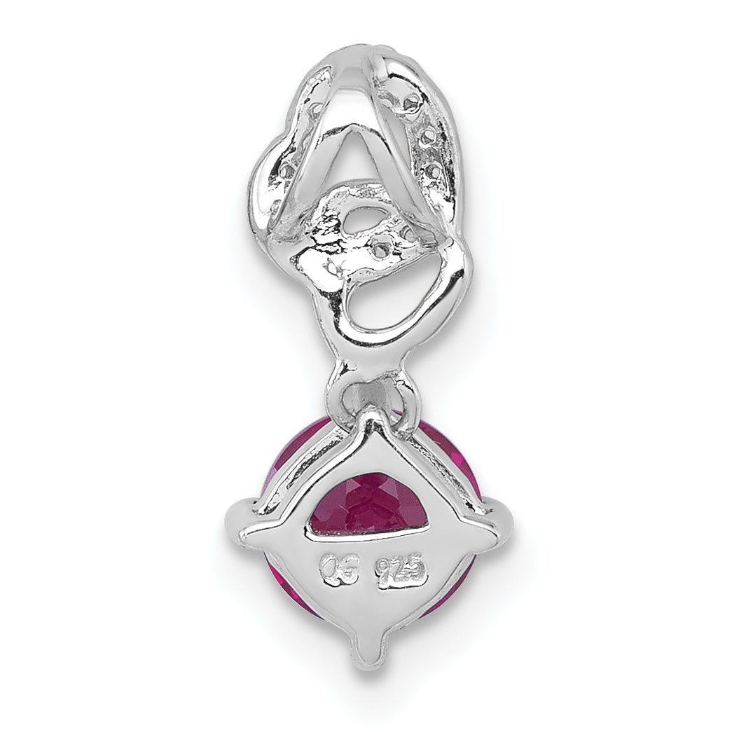 Sterling Silver Rhodium-plated Polished Round Lab Created Ruby and CZ Dangling Heart Chain Slide Pendant