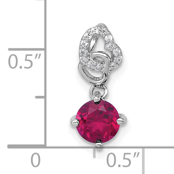 Sterling Silver Rhodium-plated Polished Round Lab Created Ruby and CZ Dangling Heart Chain Slide Pendant