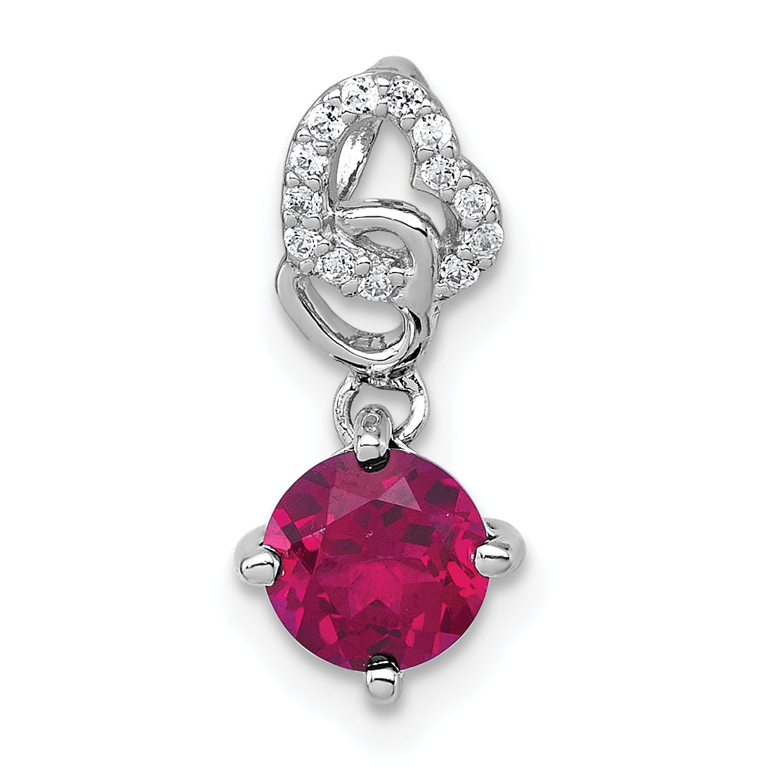Sterling Silver Rhodium-plated Polished Round Lab Created Ruby and CZ Dangling Heart Chain Slide Pendant Main image