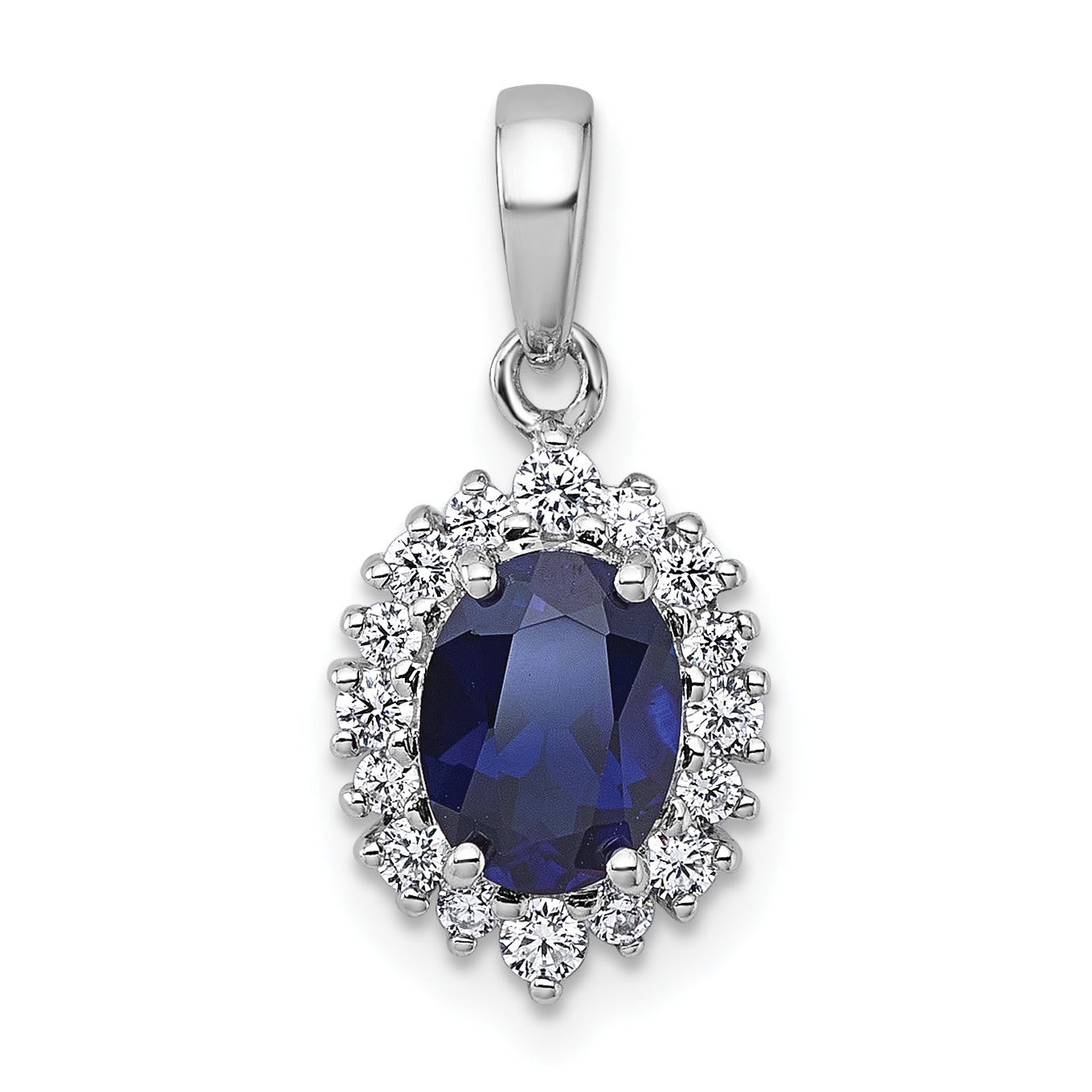 Sterling Silver Rhodium-plated Polished Lab Created Sapphire and CZ Oval Halo Pendant Main image