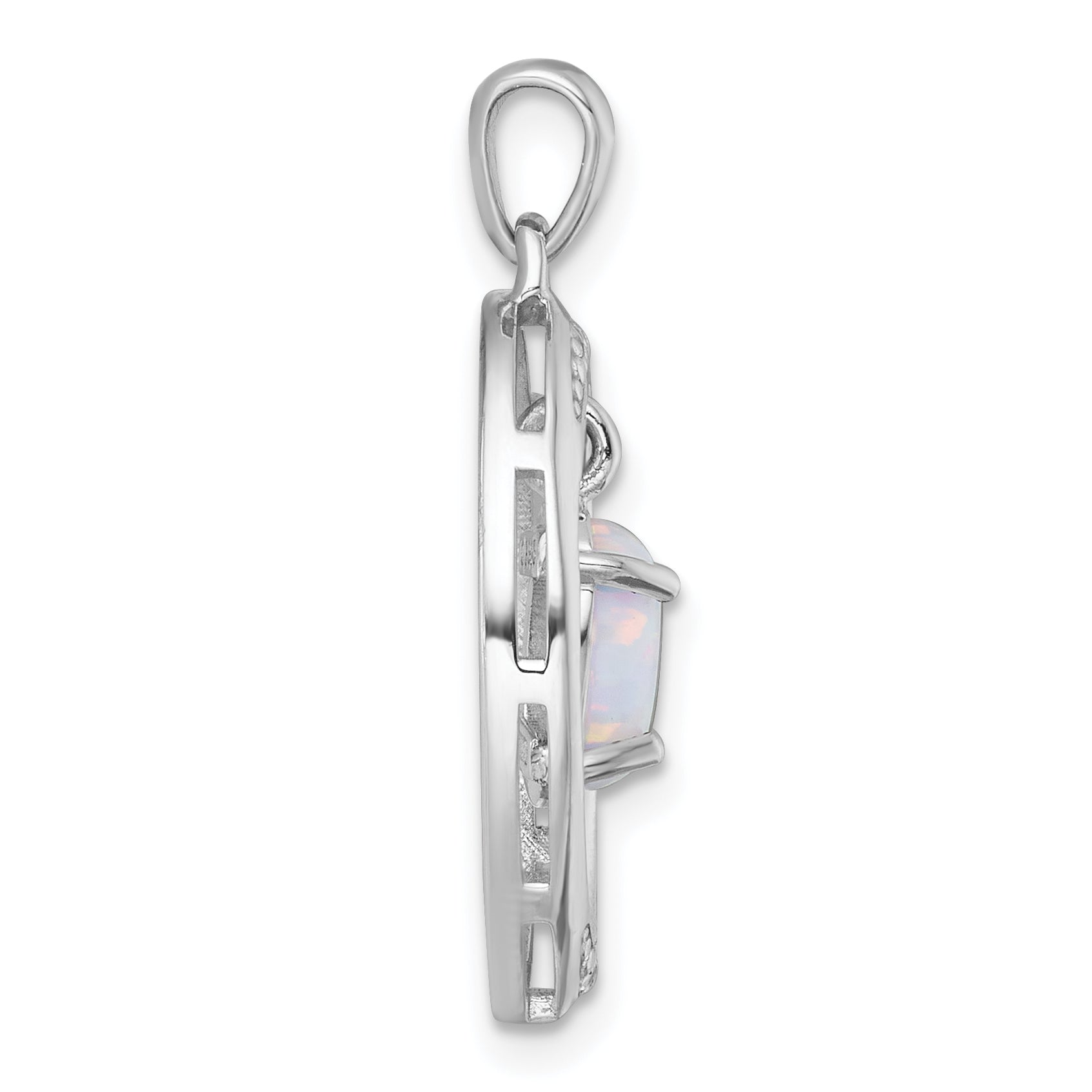 Sterling Silver Rhodium-plated Polished Fancy Lab Created Opal and White Topaz Oval Pendant
