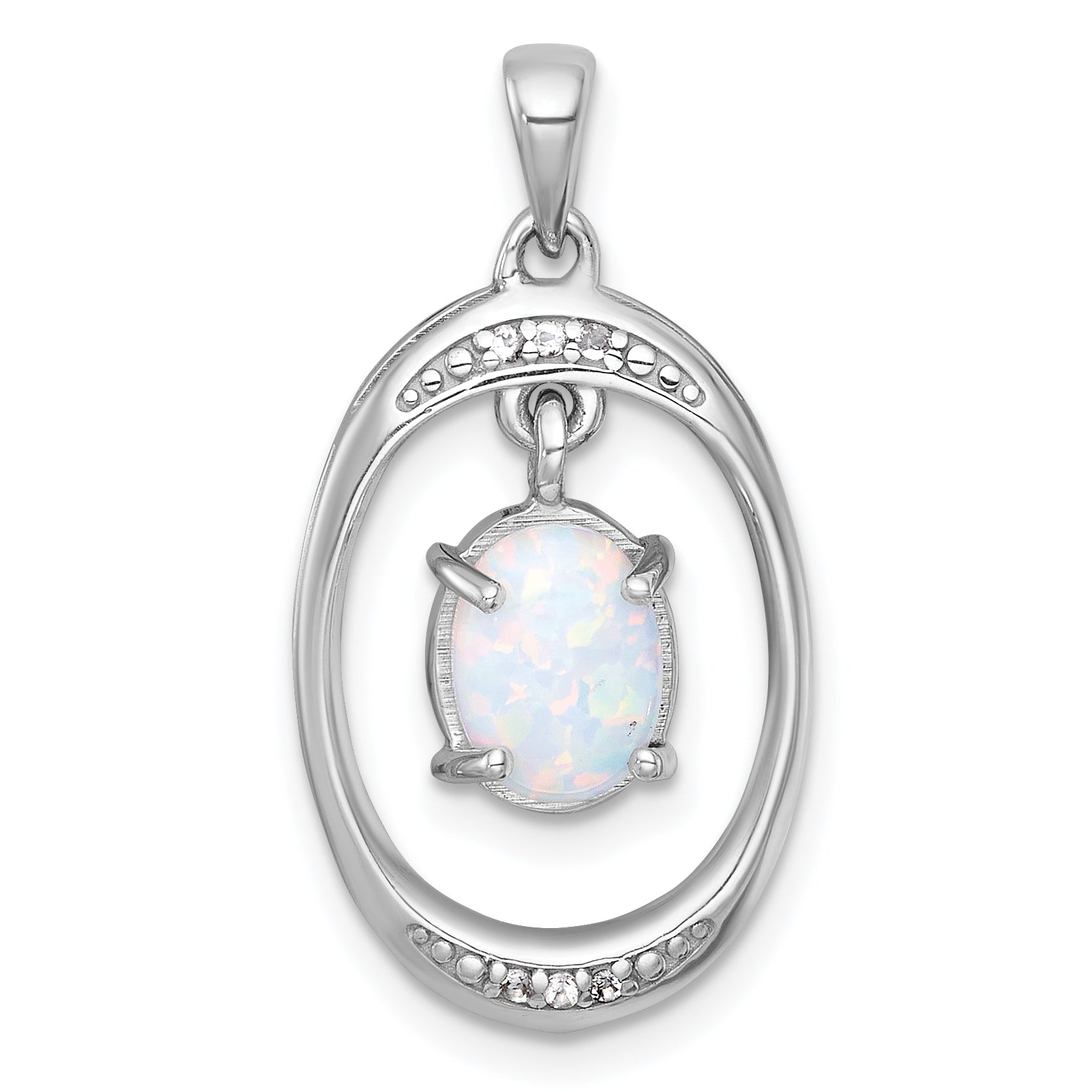 Sterling Silver Rhodium-plated Polished Fancy Lab Created Opal and White Topaz Oval Pendant Main image