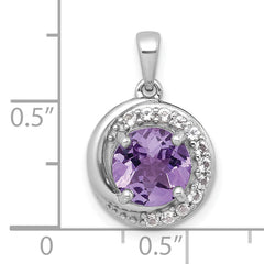 Sterling Silver Rhodium-plated Polished Checker-cut Round Amethyst and White Topaz Circle Pendant