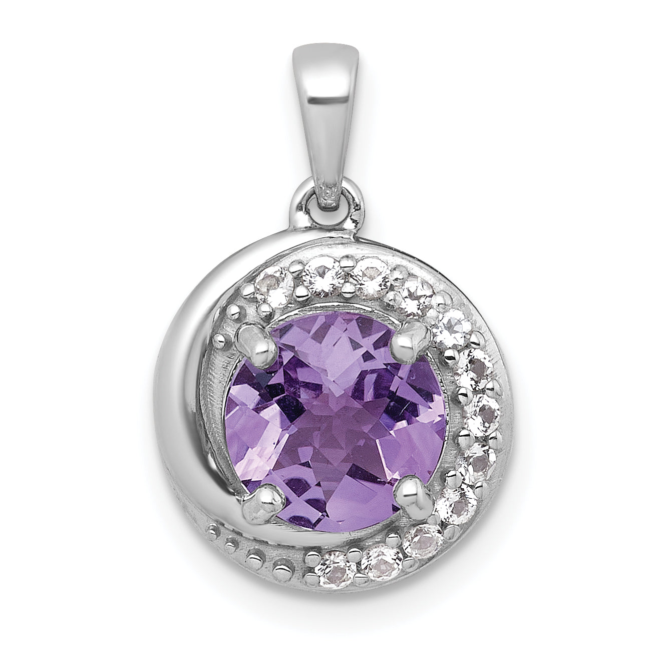 Sterling Silver Rhodium-plated Polished Checker-cut Round Amethyst and White Topaz Circle Pendant Main image