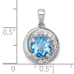 Sterling Silver Rhodium-plated Polished Checker-cut Round Light Swiss Blue Topaz and White Topaz Circle Pendant
