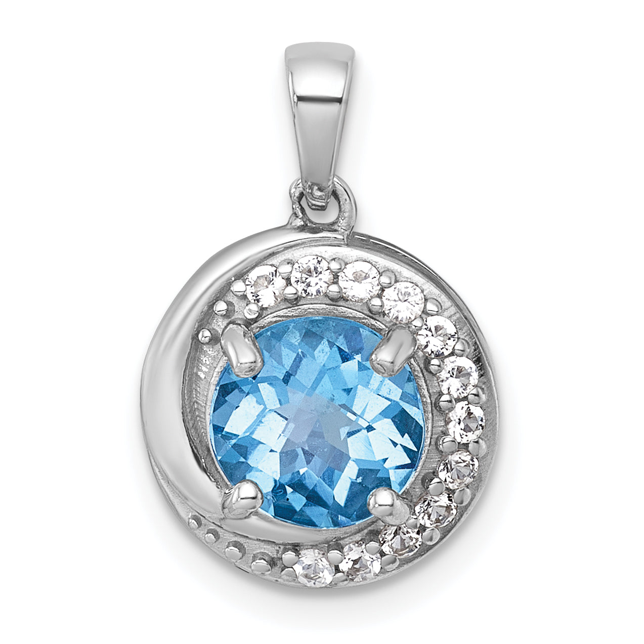 Sterling Silver Rhodium-plated Polished Checker-cut Round Light Swiss Blue Topaz and White Topaz Circle Pendant Main image