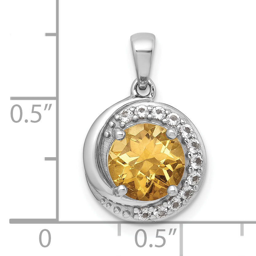 Sterling Silver Rhodium-plated Polished Checker-cut Round Citrine and White Topaz Circle Pendant