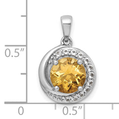 Sterling Silver Rhodium-plated Polished Checker-cut Round Citrine and White Topaz Circle Pendant