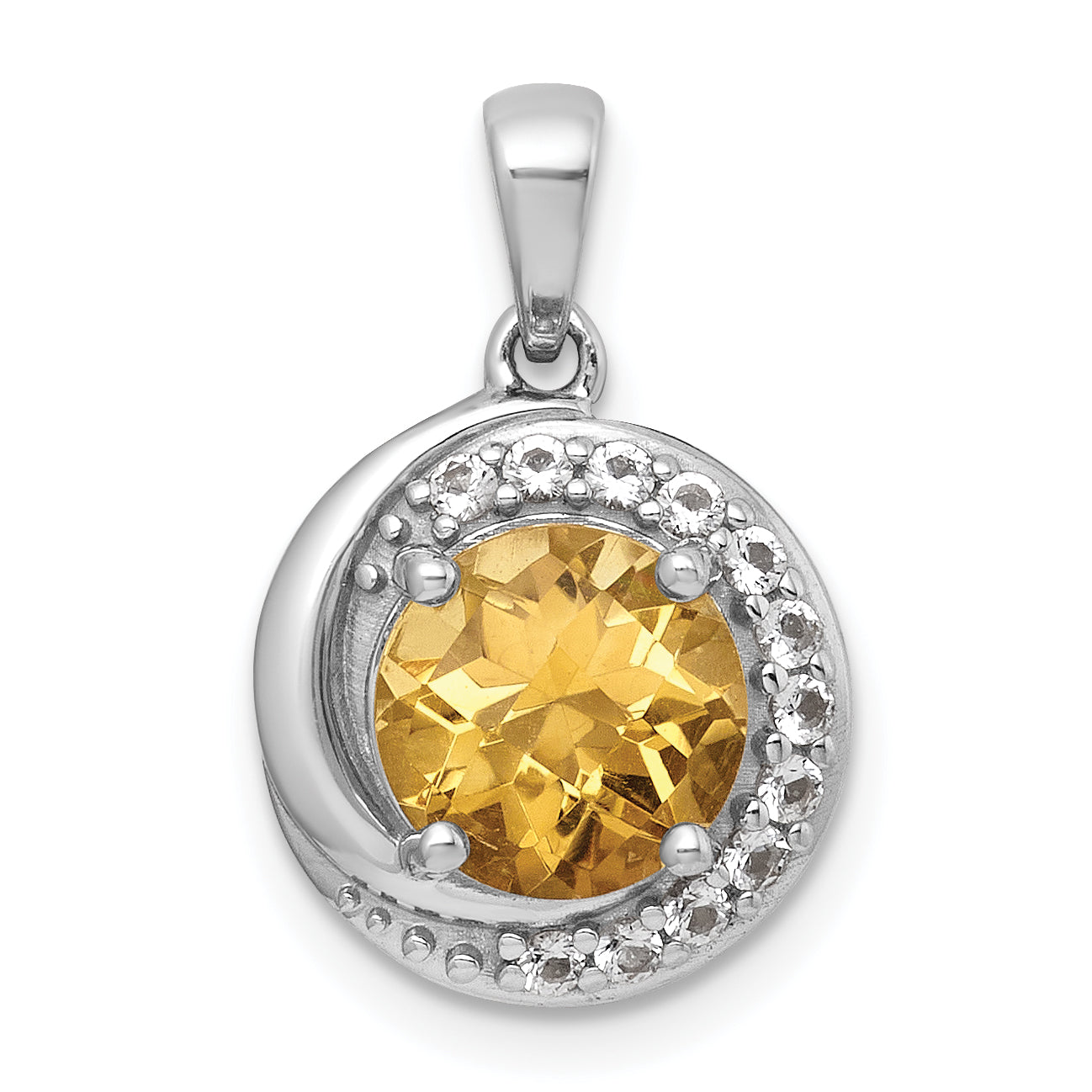 Sterling Silver Rhodium-plated Polished Checker-cut Round Citrine and White Topaz Circle Pendant Main image