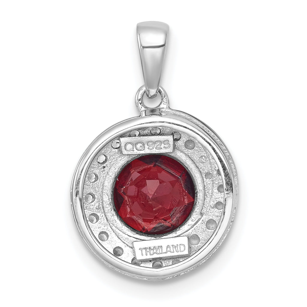 Sterling Silver Rhodium-plated Polished Checker-cut Round Garnet and White Topaz Circle Pendant