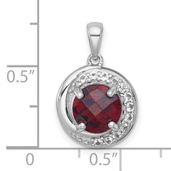 Sterling Silver Rhodium-plated Polished Checker-cut Round Garnet and White Topaz Circle Pendant