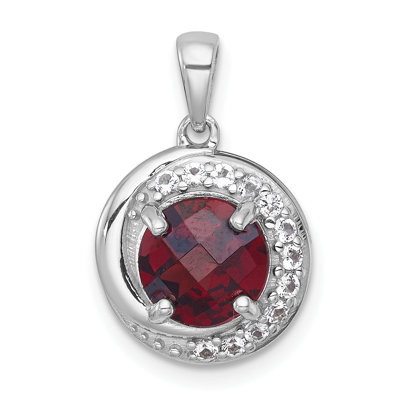 Sterling Silver Rhodium-plated Polished Checker-cut Round Garnet and White Topaz Circle Pendant Main image