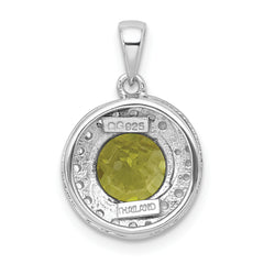 Sterling Silver Rhodium-plated Polished Checker-cut Round Peridot and White Topaz Circle Pendant