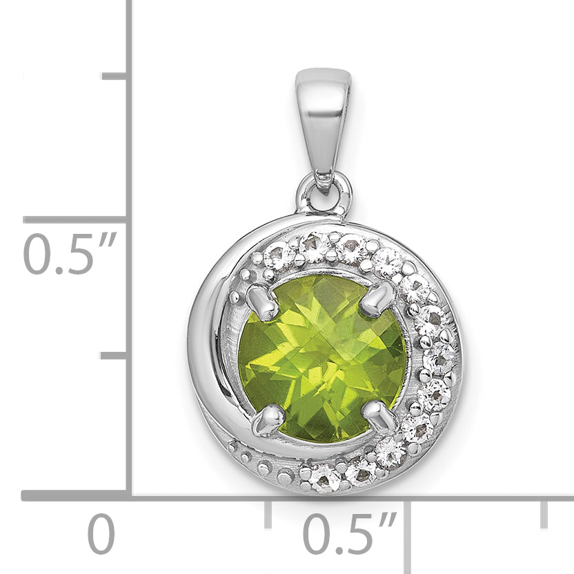 Sterling Silver Rhodium-plated Polished Checker-cut Round Peridot and White Topaz Circle Pendant