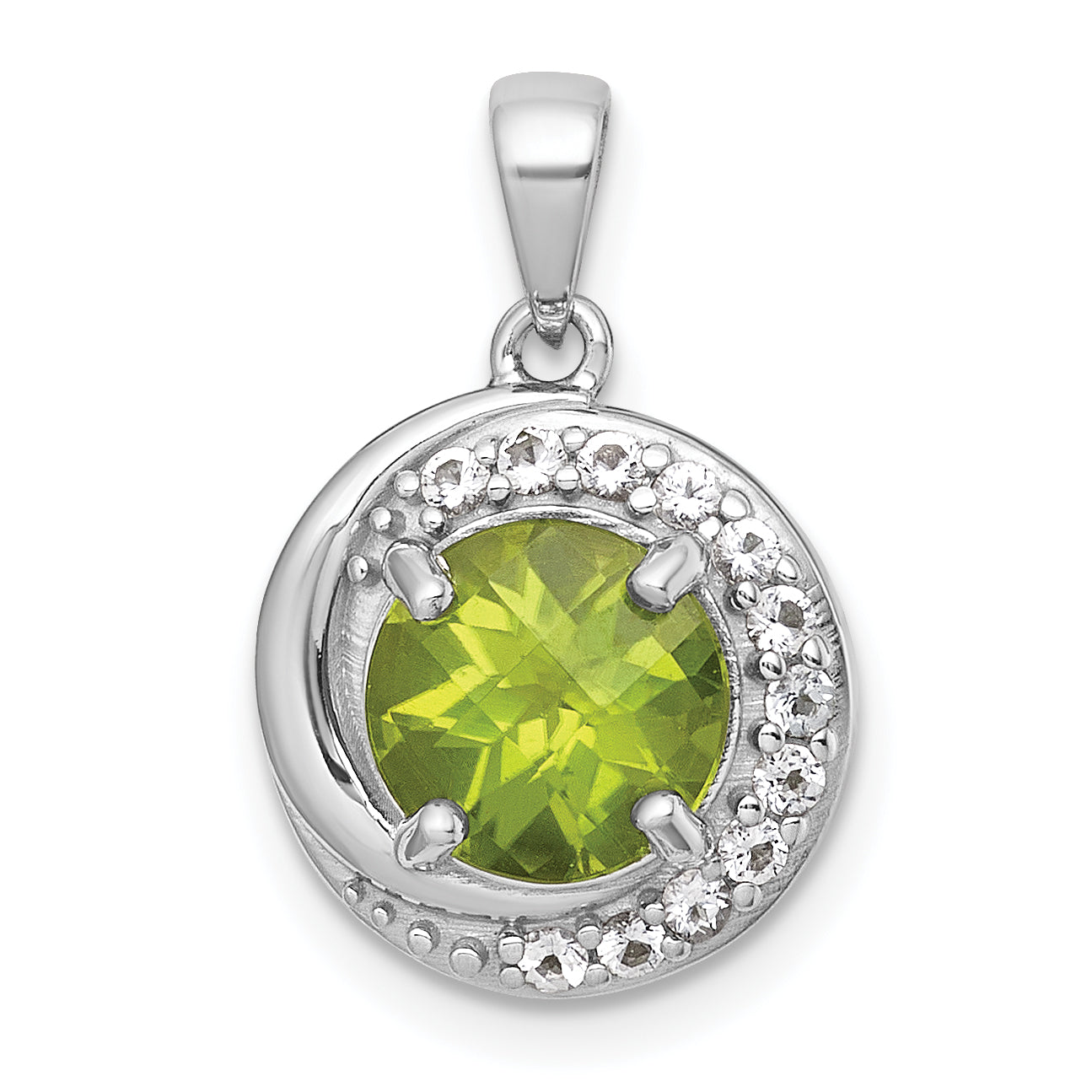 Sterling Silver Rhodium-plated Polished Checker-cut Round Peridot and White Topaz Circle Pendant Main image