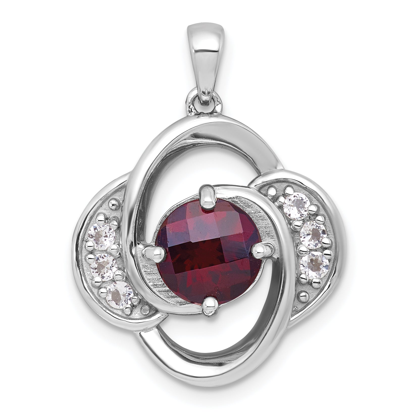 Sterling Silver Rhodium-plated Polished Checker-cut Round Garnet and White Topaz Pendant Main image