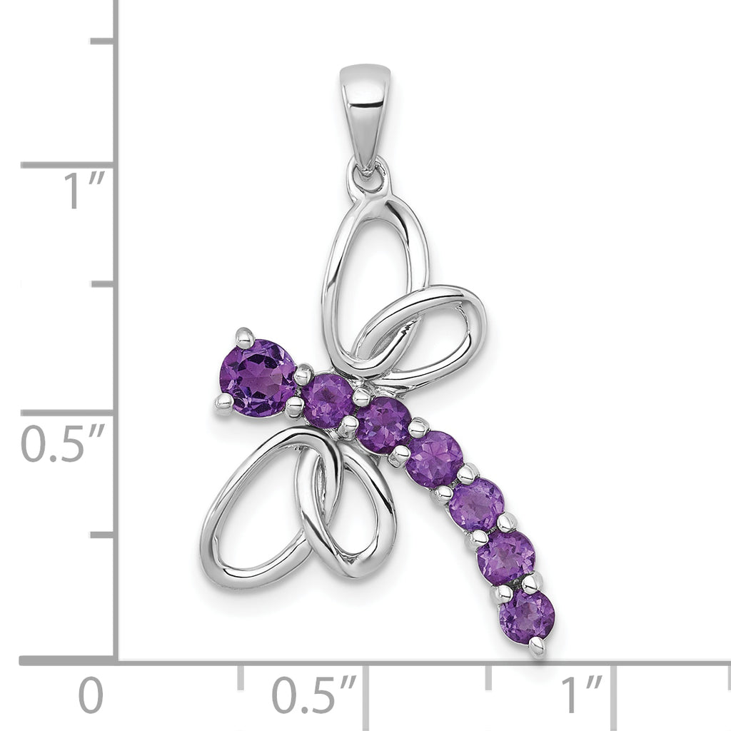 Sterling Silver Rhodium-plated Polished Amethyst Dragonfly Pendant