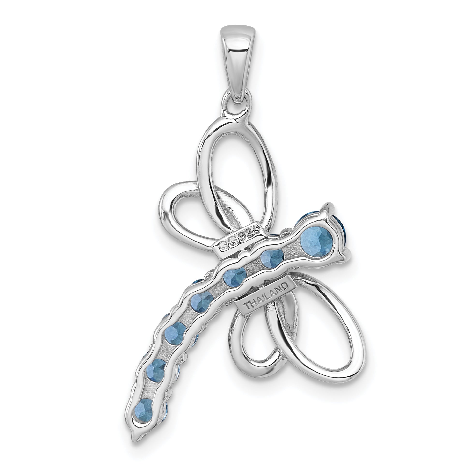 Sterling Silver Rhodium-plated Polished Light Swiss Blue Topaz Dragonfly Pendant