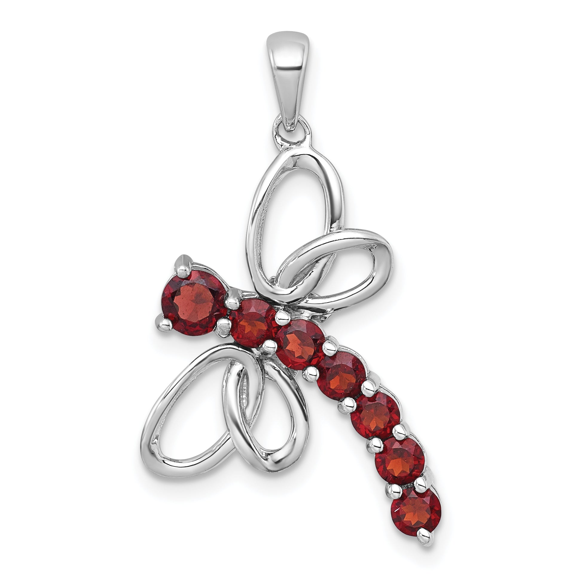 Sterling Silver Rhodium-plated Polished Garnet Dragonfly Pendant Main image