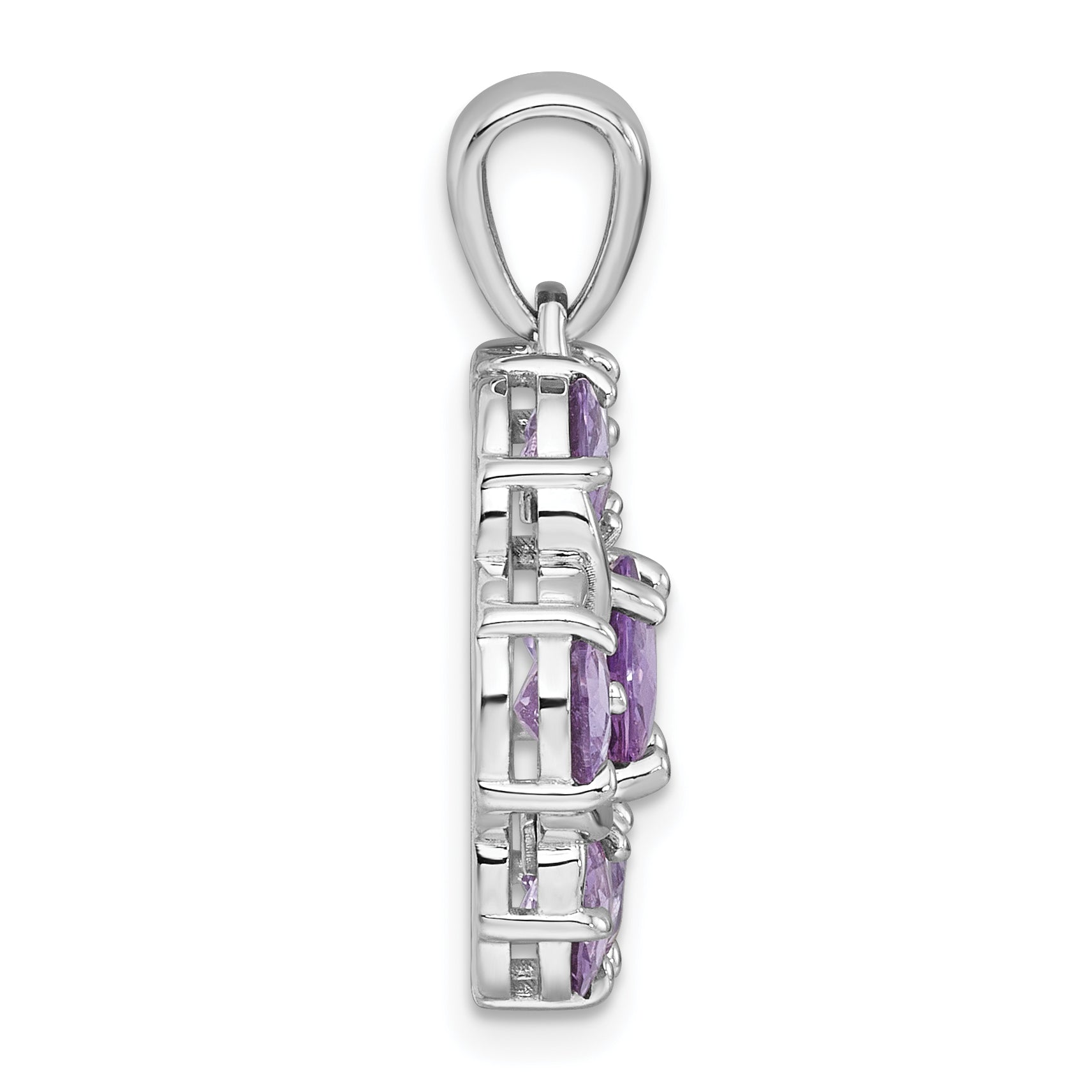 Sterling Silver Rhodium-plated Polished Amethyst and Rose de France Quartz Flower Pendant Secondary image