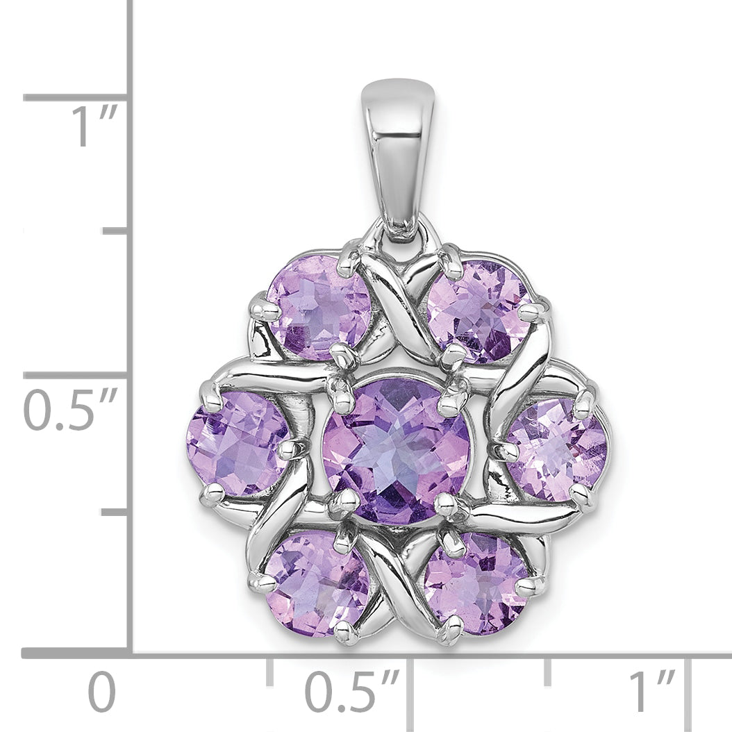 Sterling Silver Rhodium-plated Polished Amethyst and Rose de France Quartz Flower Pendant