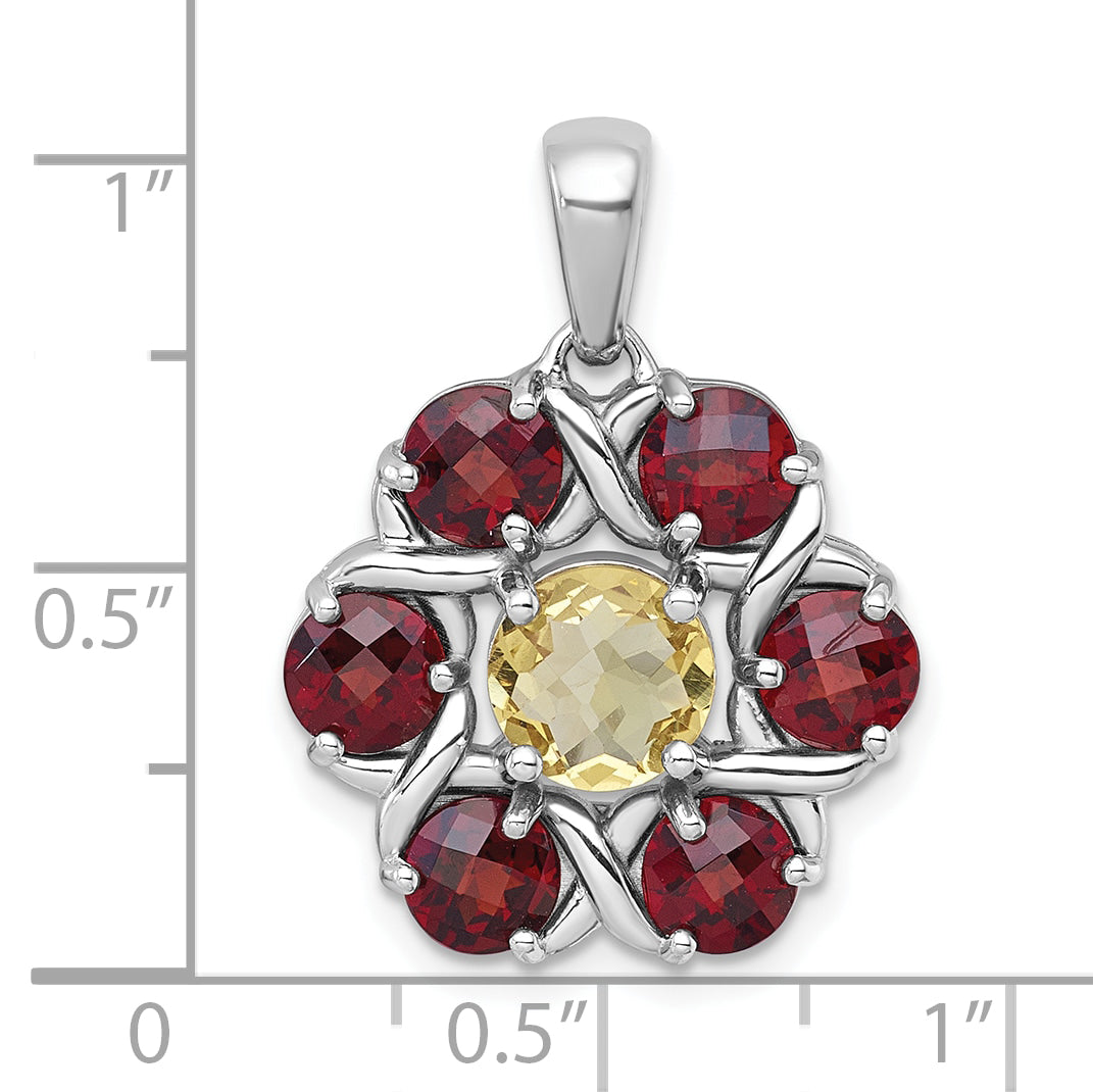 Sterling Silver Rhodium-plated Polished Citrine and Garnet Flower Pendant