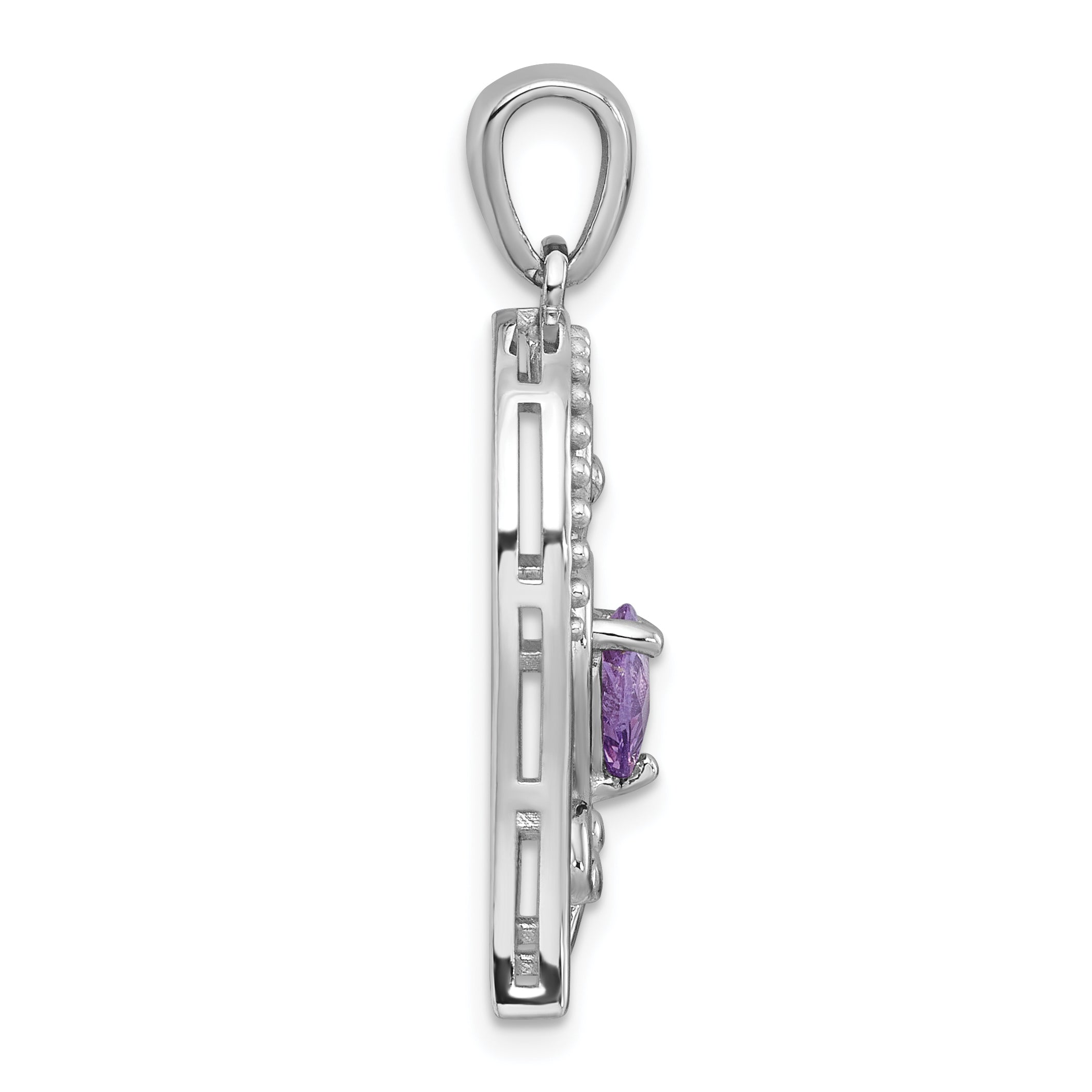 Sterling Silver Rhodium-plated Polished and Beaded Amethyst Filigree Heart Pendant Secondary image