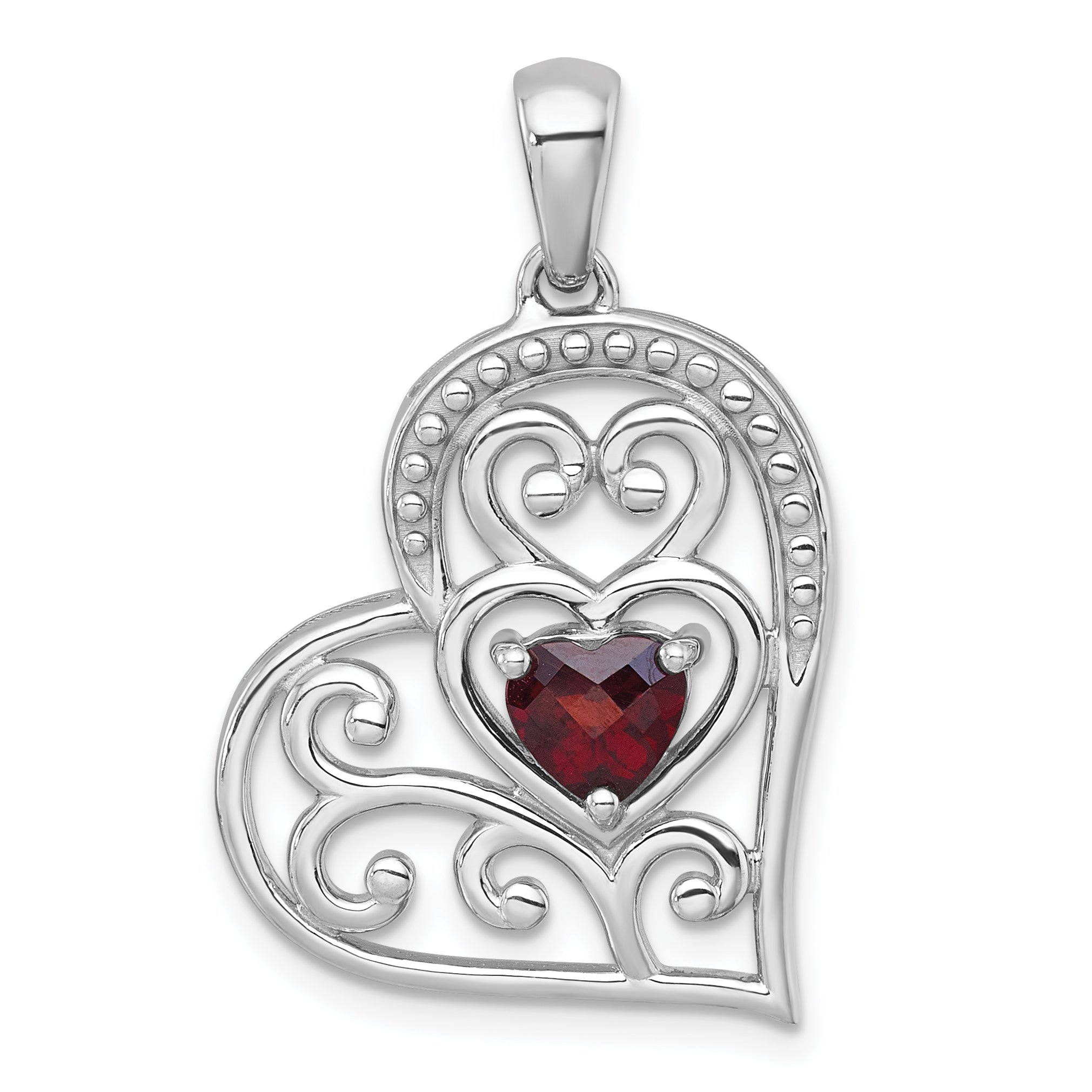 Sterling Silver Rhodium-plated Polished and Beaded Garnet Filigree Heart Pendant Main image
