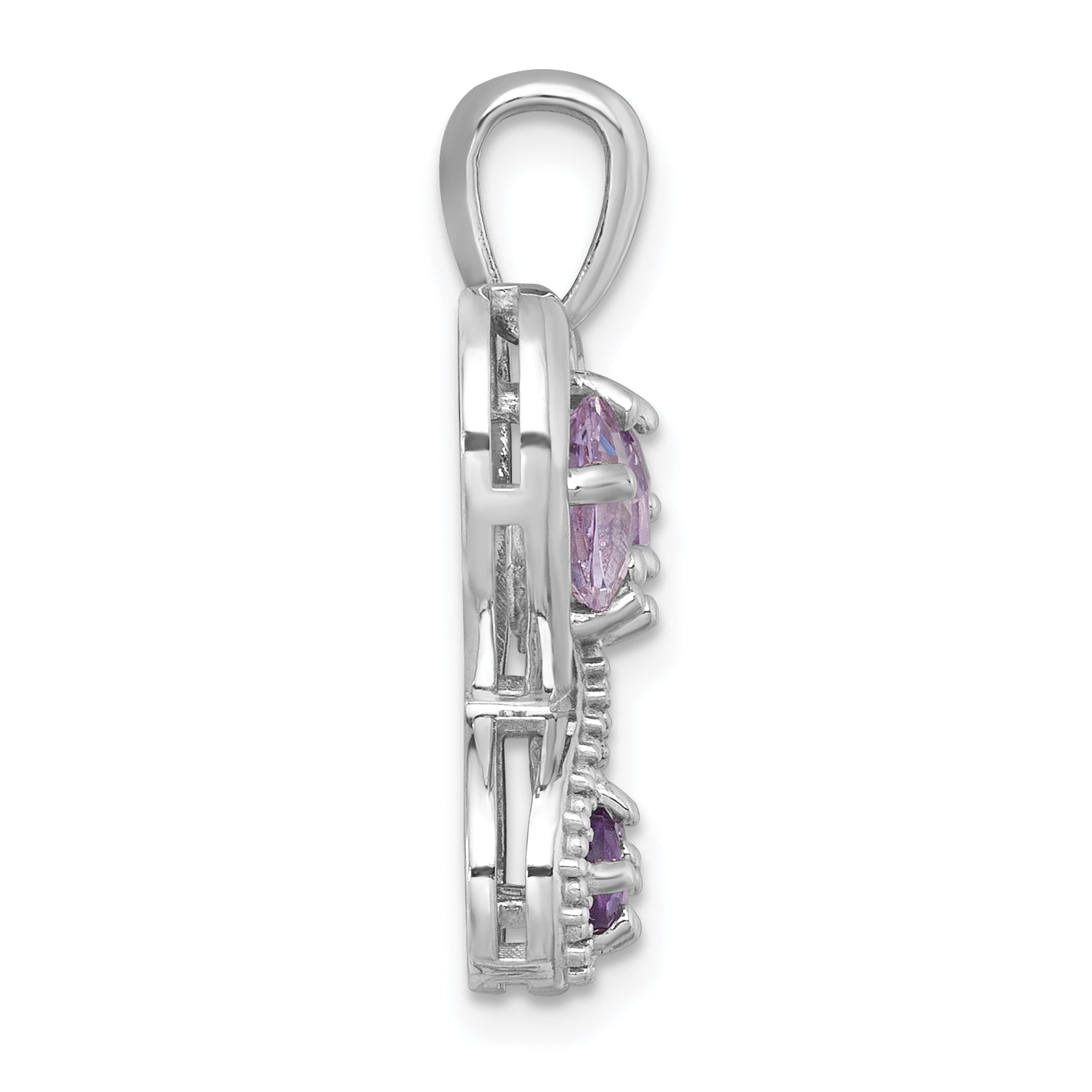 Sterling Silver Rhodium-plated Polished Amethyst and Rose de France Quartz Heart Butterfly Pendant Secondary image