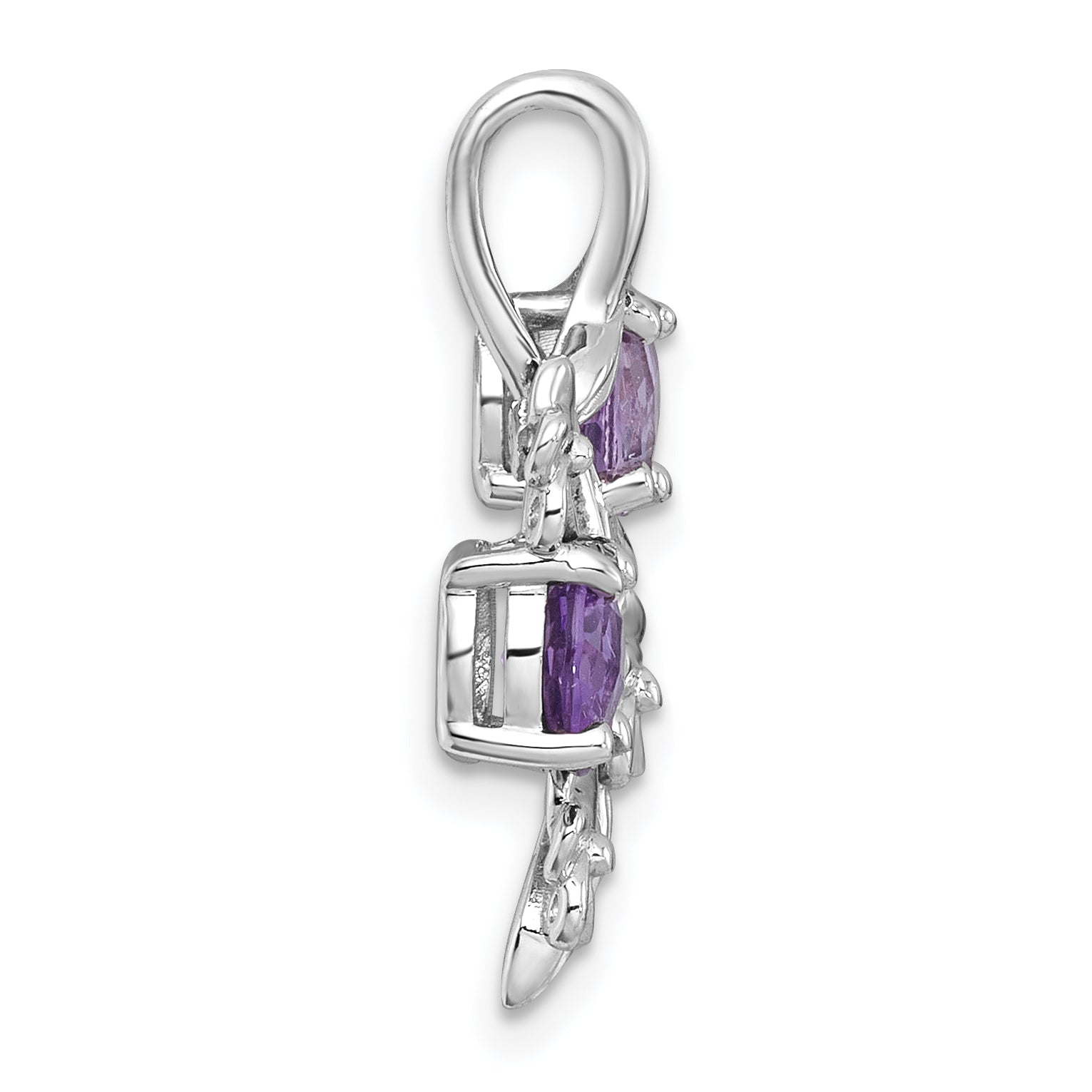 Sterling Silver Rhodium-plated Polished and Textured Amethyst and Rose de France Quartz Floral Chain Slide Secondary image