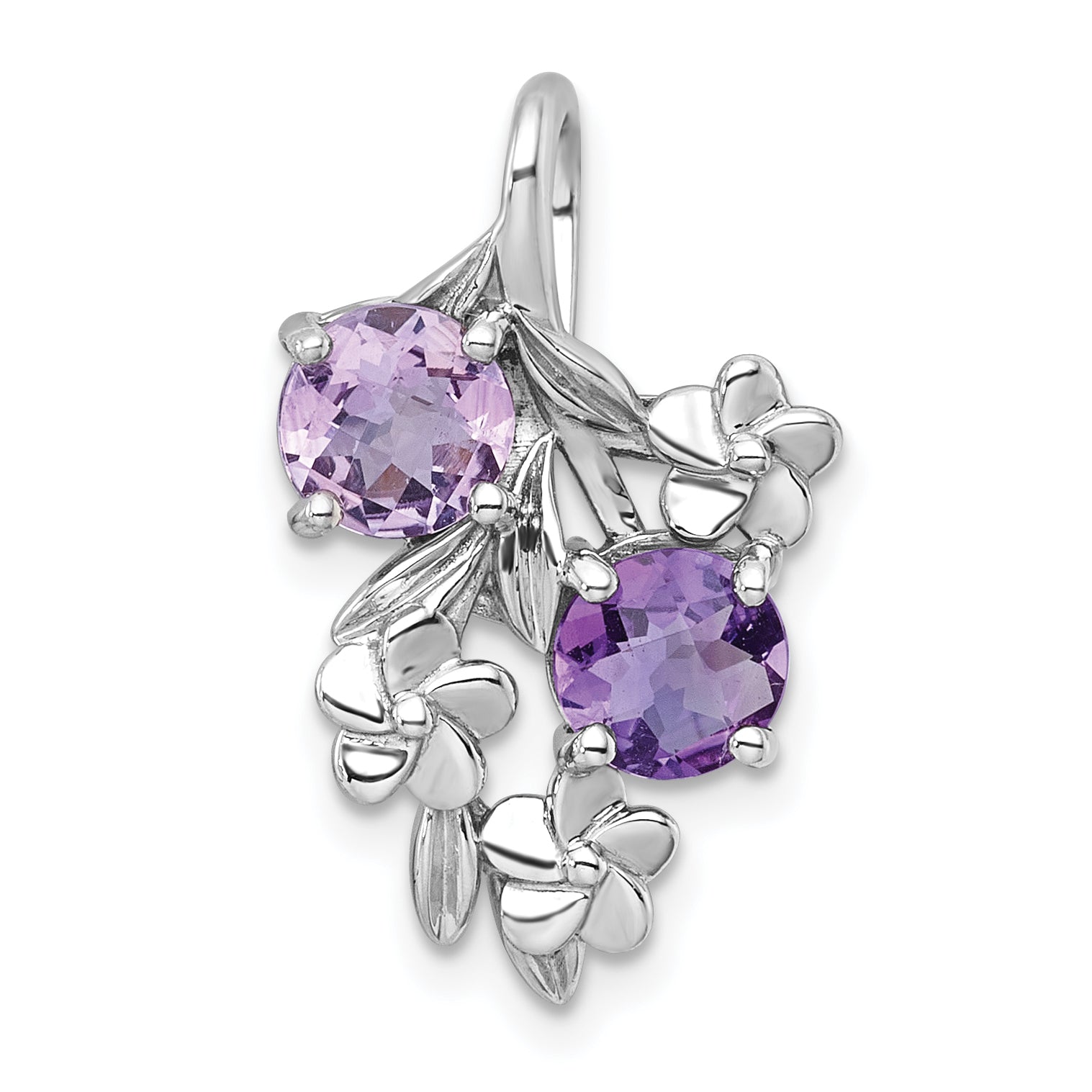 Sterling Silver Rhodium-plated Polished and Textured Amethyst and Rose de France Quartz Floral Chain Slide Main image