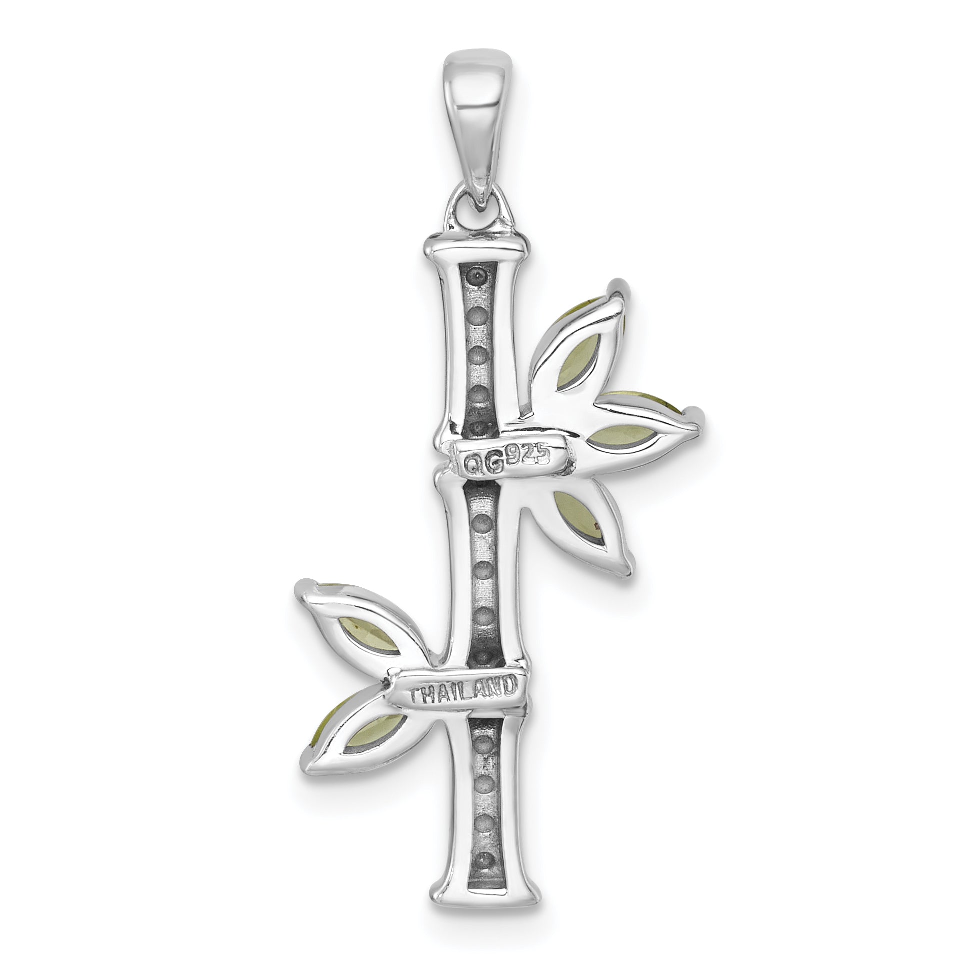 Sterling Silver Rhodium-plated Polished Fancy Peridot Bamboo with Leaves Pendant