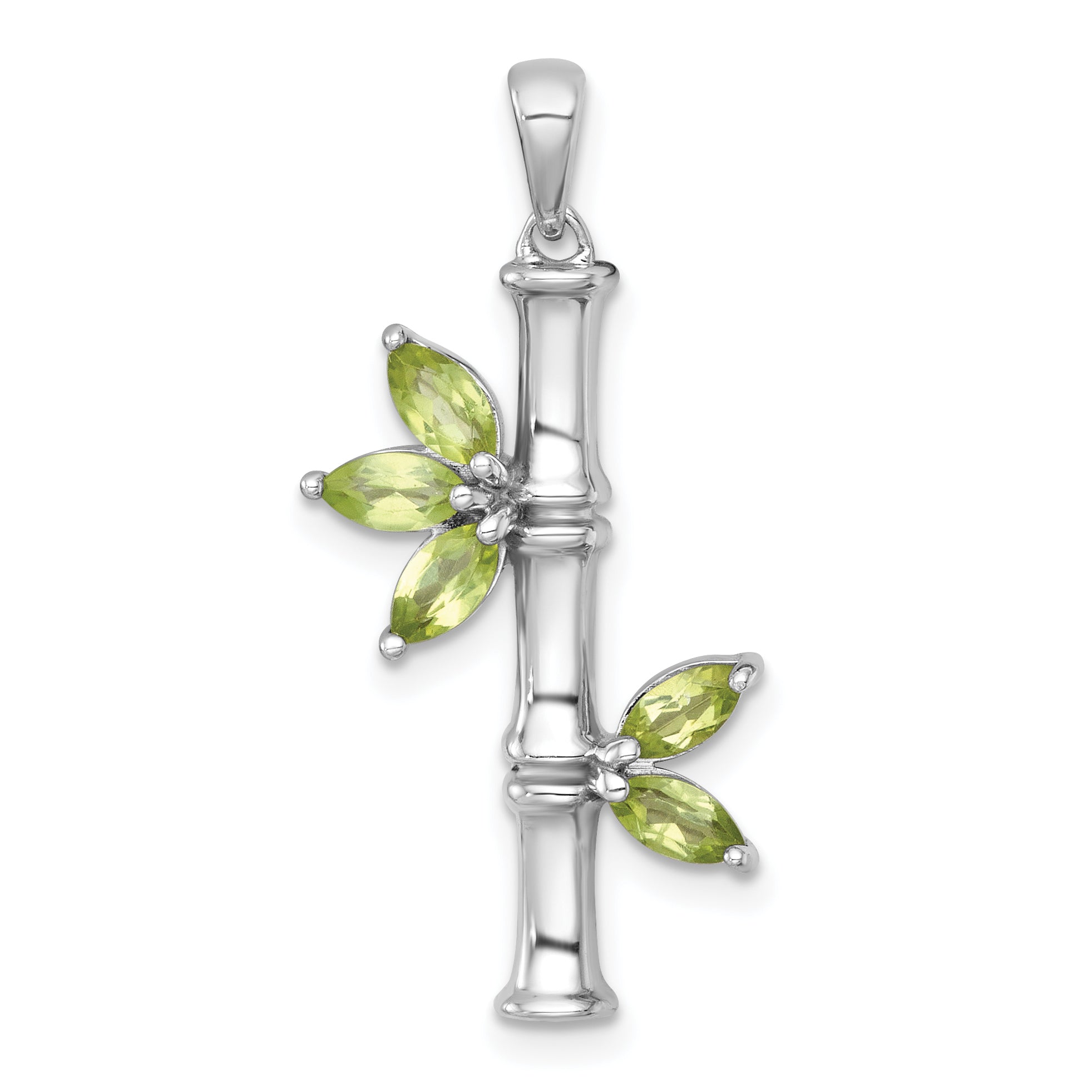 Sterling Silver Rhodium-plated Polished Fancy Peridot Bamboo with Leaves Pendant