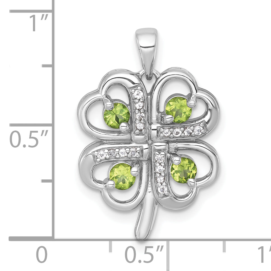 Sterling Silver Rhodium-plated Polished Peridot and White Topaz 4-Leaf Clover Pendant