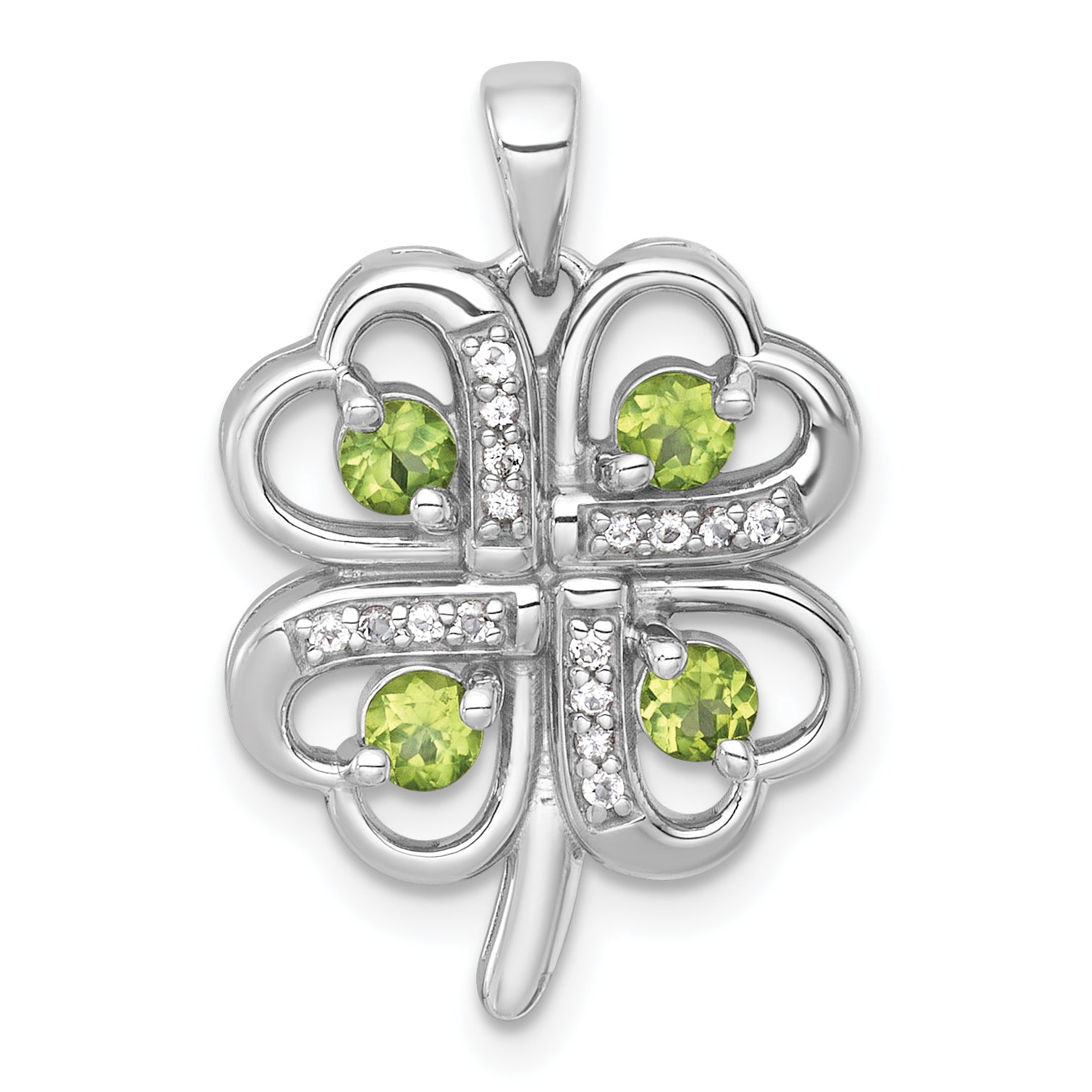 Sterling Silver Rhodium-plated Polished Peridot and White Topaz 4-Leaf Clover Pendant Main image
