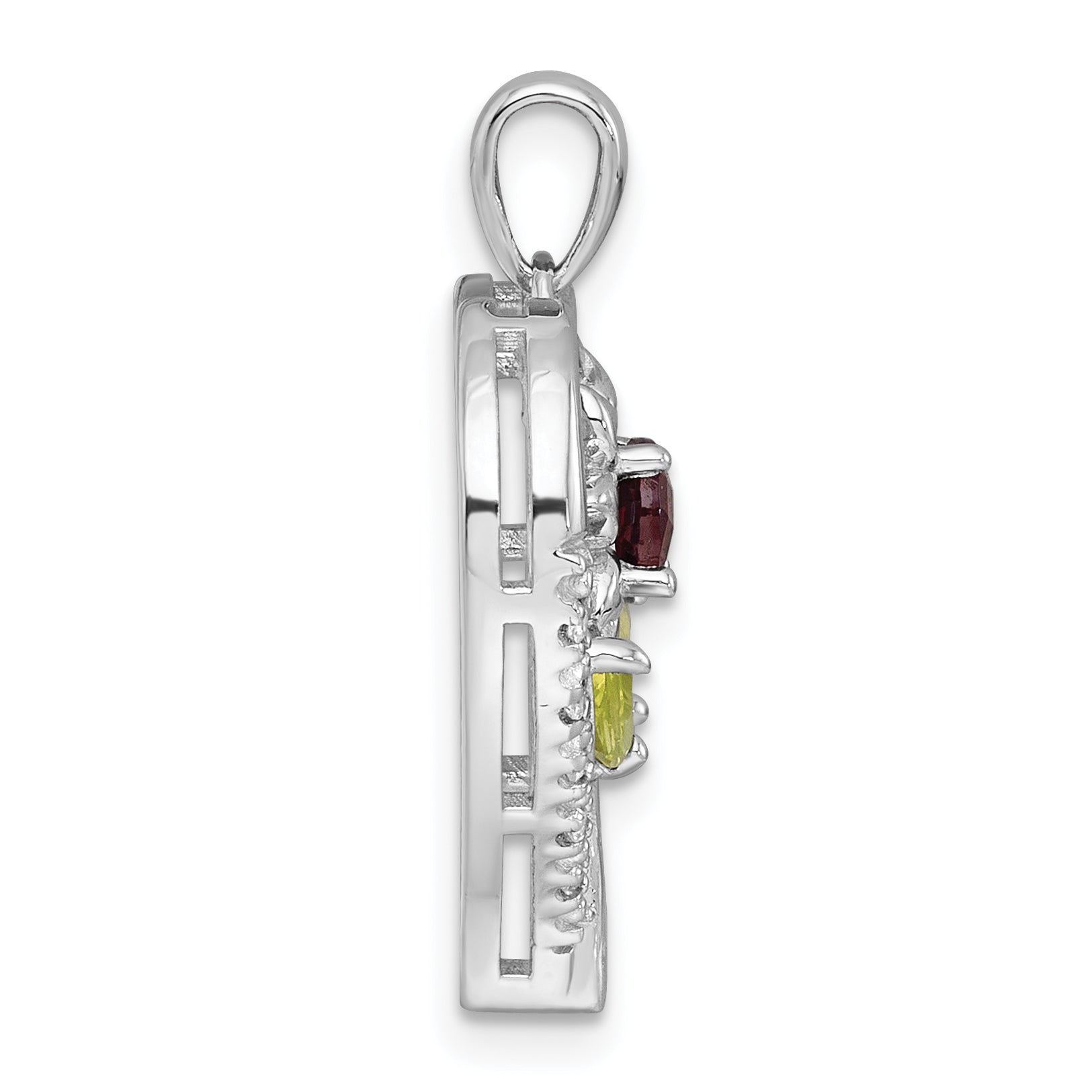 Sterling Silver Rhodium-plated Polished Garnet, Peridot and White Topaz Flower in Heart Pendant Secondary image