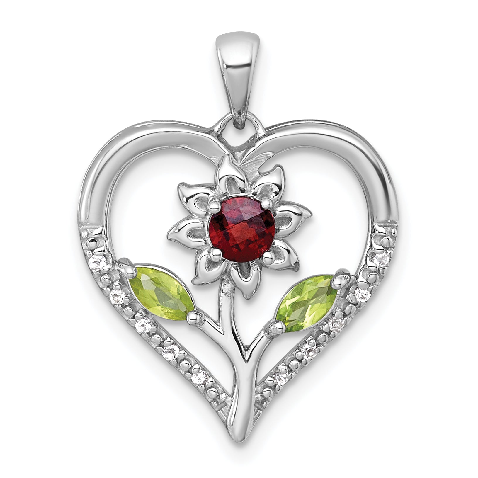 Sterling Silver Rhodium-plated Polished Garnet, Peridot and White Topaz Flower in Heart Pendant Main image