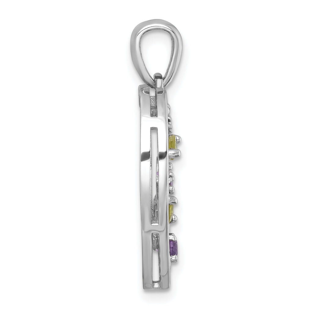 Sterling Silver Rhodium-plated Polished Amethyst and Peridot Flowers in Heart Pendant