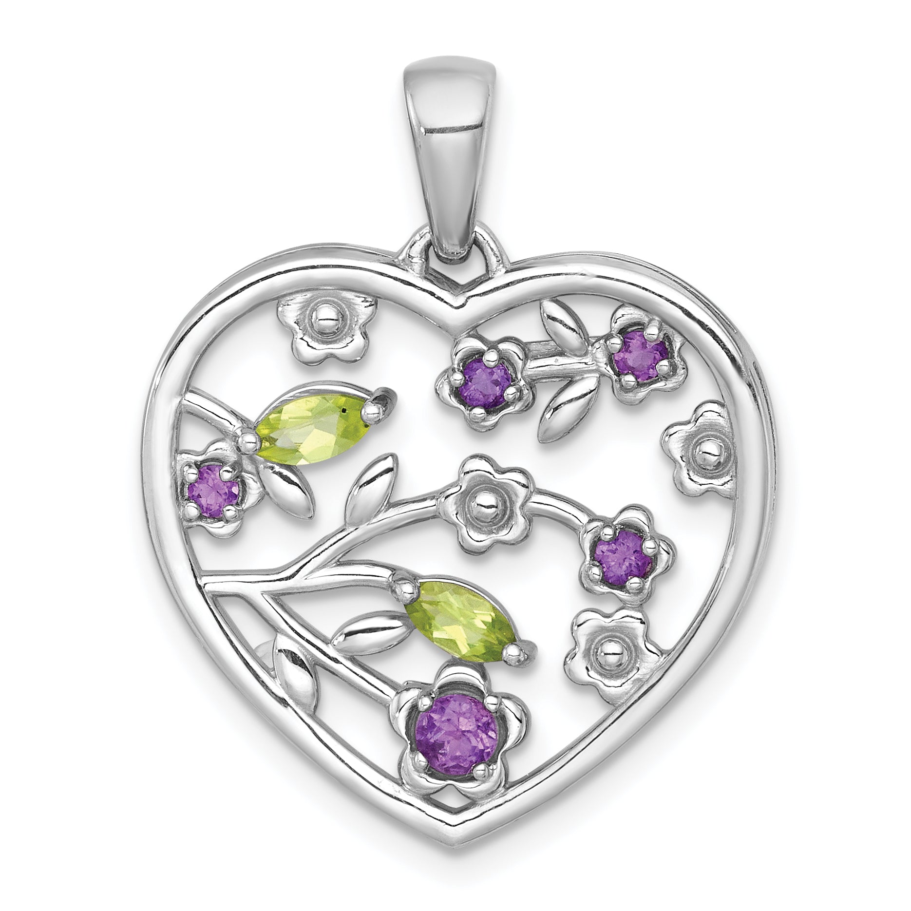 Sterling Silver Rhodium-plated Polished Amethyst and Peridot Flowers in Heart Pendant Main image