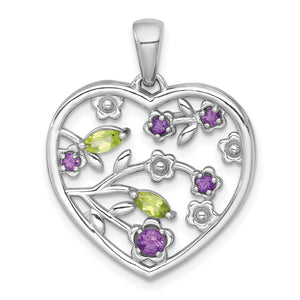 Amethyst & Peridot Flower Heart Pendant in Sterling Silver, 28mm - Sophia Jewelers