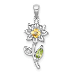 Sterling Silver Rhodium-plated Polished Citrine, Peridot and White Topaz Flower Pendant