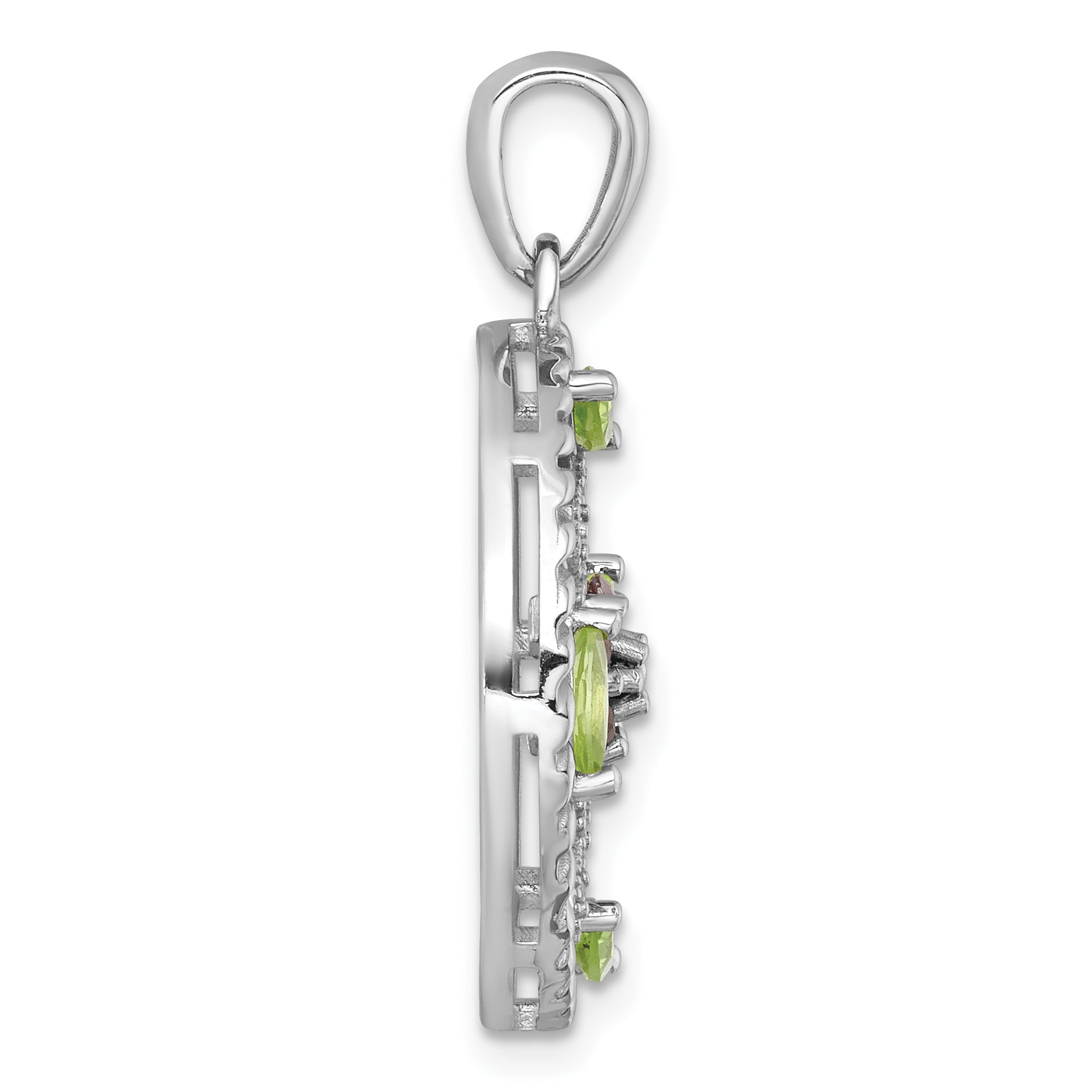 Sterling Silver Rhodium-plated Polished Garnet, Peridot and White Topaz Floral Twisted Circle Pendant Secondary image