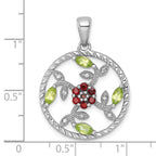 Sterling Silver Rhodium-plated Polished Garnet, Peridot and White Topaz Floral Twisted Circle Pendant