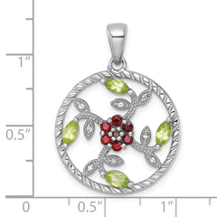 Sterling Silver Rhodium-plated Polished Garnet, Peridot and White Topaz Floral Twisted Circle Pendant