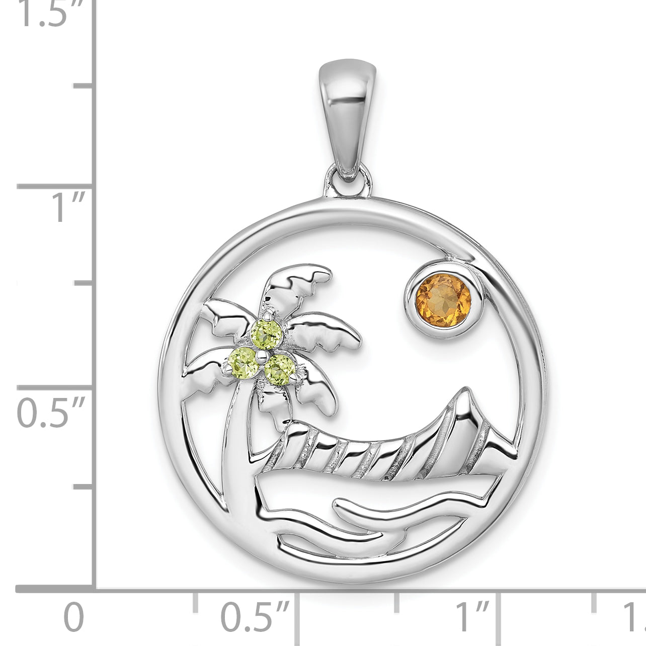 Sterling Silver Rhodium-plated Polished and Grooved Citrine and Peridot Beach Scene Circle Pendant
