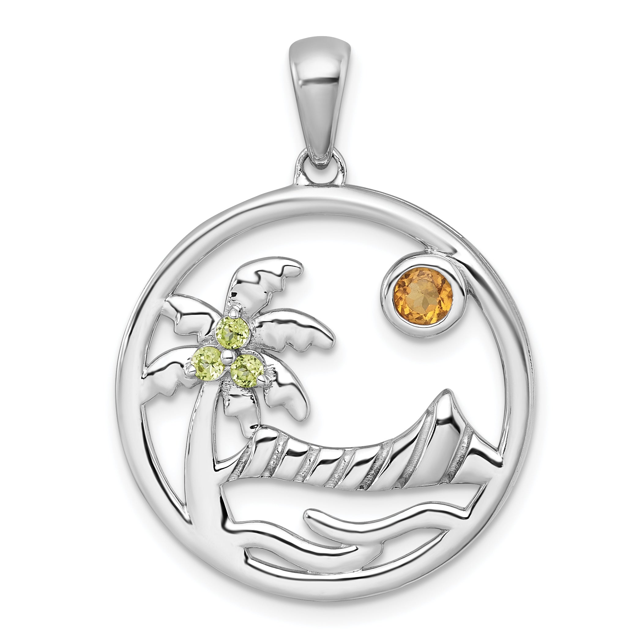 Sterling Silver Rhodium-plated Polished and Grooved Citrine and Peridot Beach Scene Circle Pendant Main image