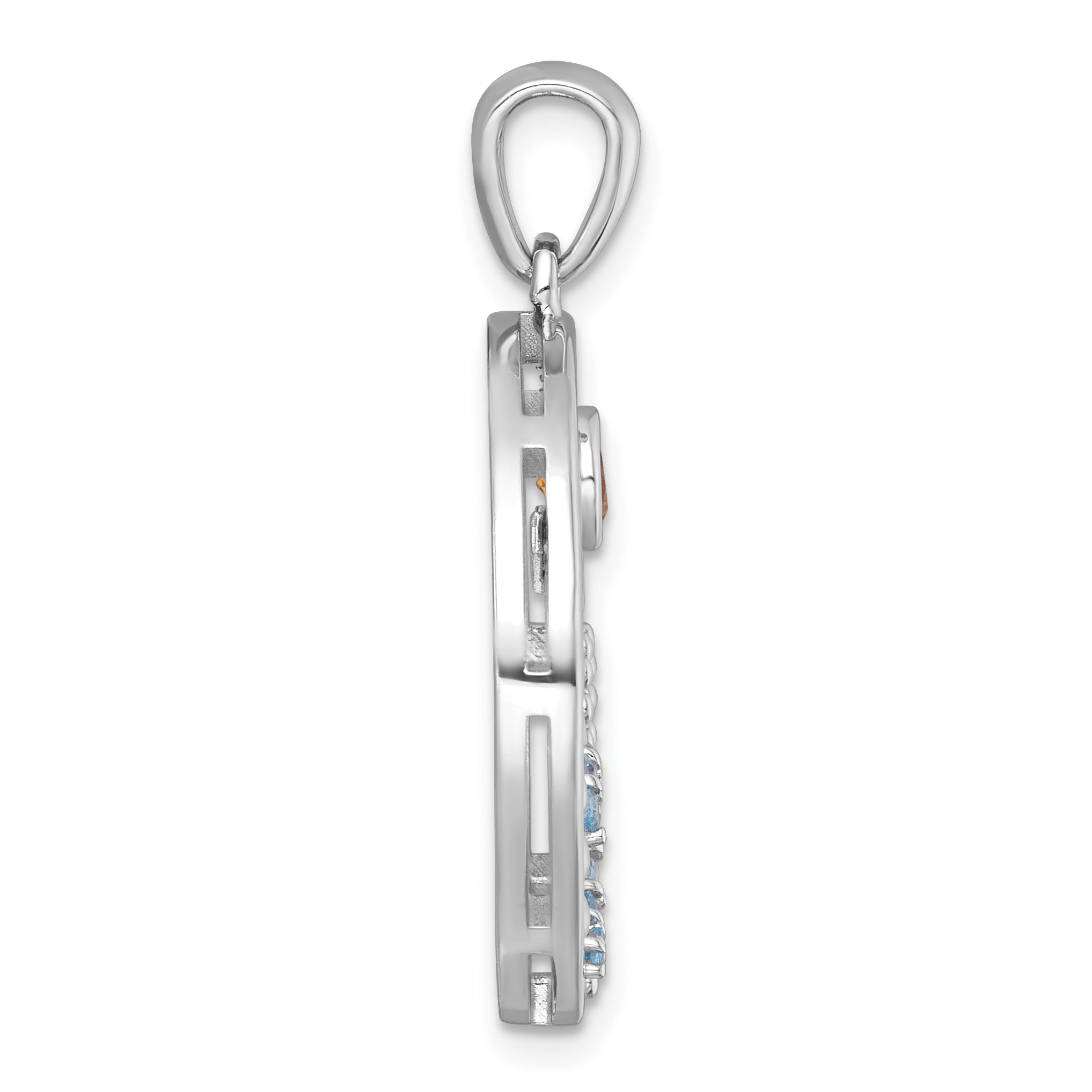 Sterling Silver Rhodium-plated Polished and Beaded Citrine and Light Swiss Blue Topaz Beach Scene Circle Pendant Secondary image